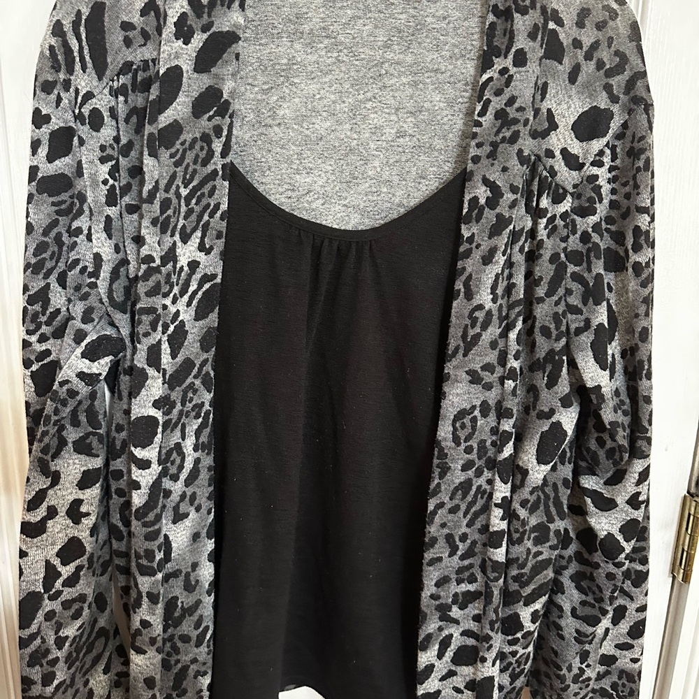 Kim Rogers Black Tank with Gray Leopard Print Cardigan